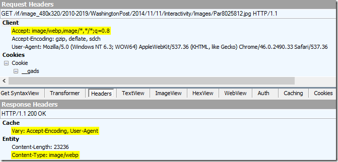Fiddler screenshot showing WebP in use