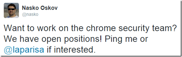 Tweet: Join the Chrome Security team
