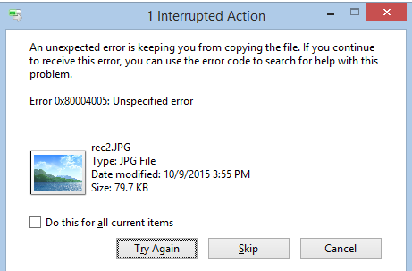 Error 0x800040005 Unspecified Error when extracting
