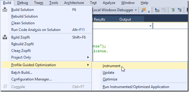 Build > Profile Guided Optimization > Instrument 