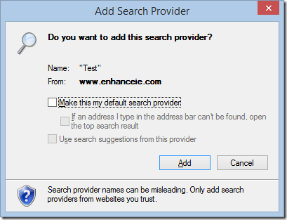 Add Search Provider (showing make default)