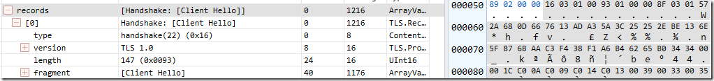 TLS 1.0 ClientHello bytes