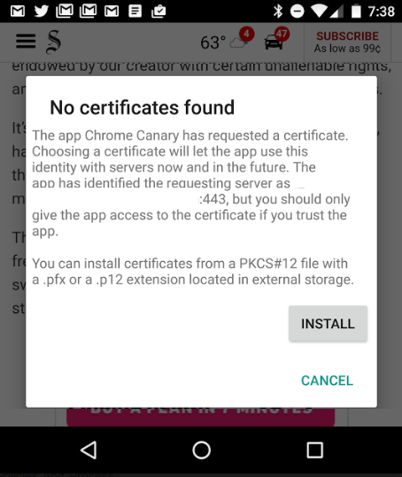 No Certificates Found prompt on Android