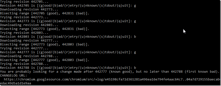 Console showing bisect builds running