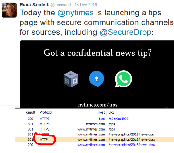 NYTimes call for Tips, showing non-secure redirects