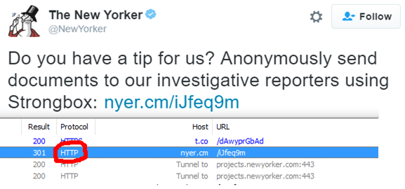 The New Yorker Magazine call for Tips, showing non-secure redirects