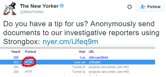 The New Yorker Magazine call for Tips, showing non-secure redirects
