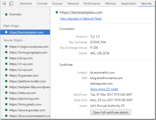 Chrome DevTools Security tab shows more information